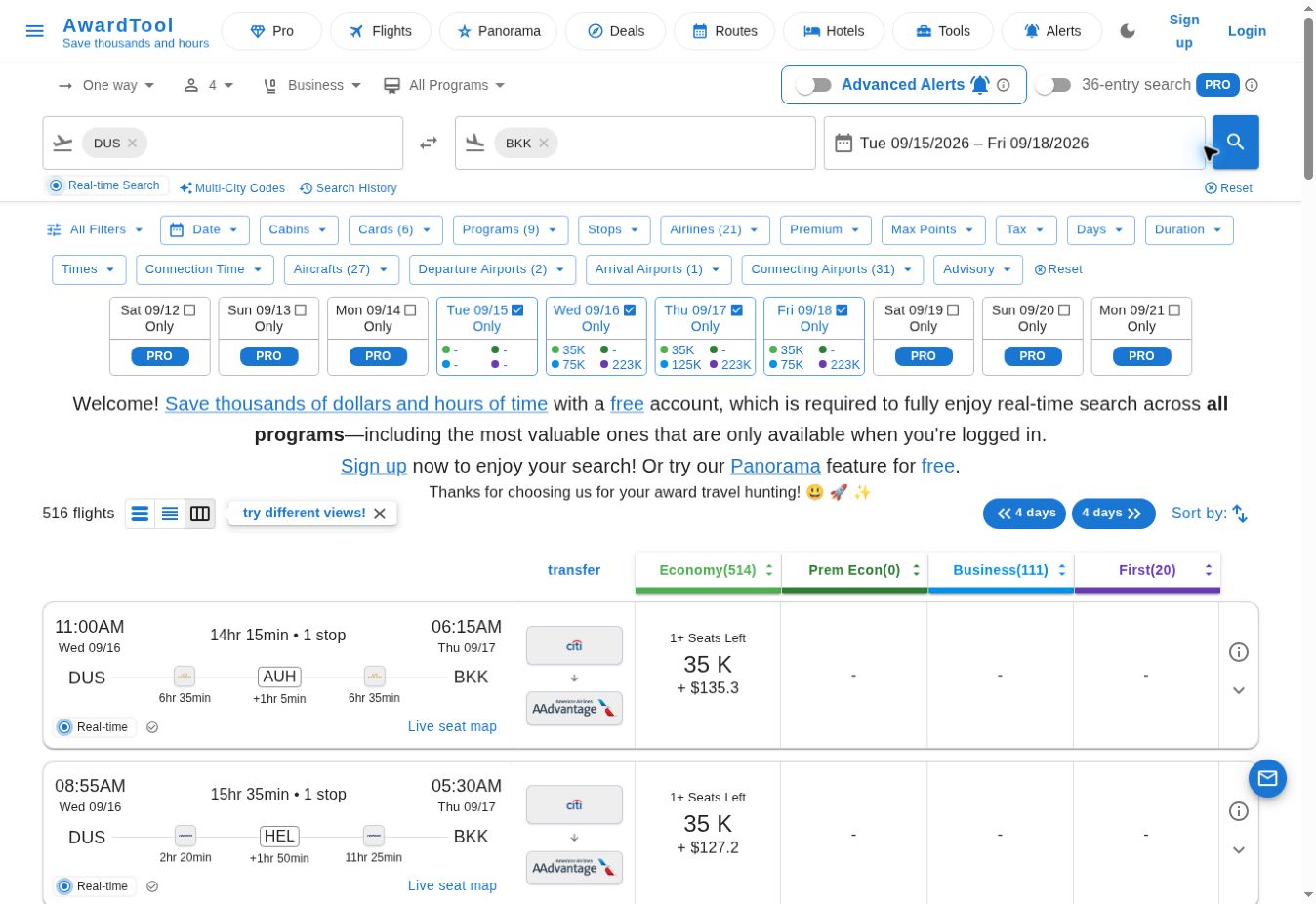 AwardTool DUS nach BKK für vier Erwachsene in Business über vier Tage mit Echtzeit-Treffern und nur einem angezeigten Platz