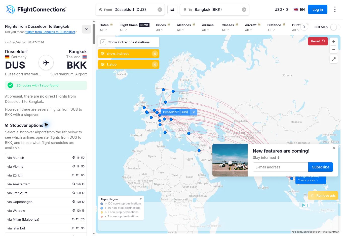 FlightConnections Karte für DUS nach BKK mit 20 Ein-Stopp-Routen und Umsteigeflughäfen