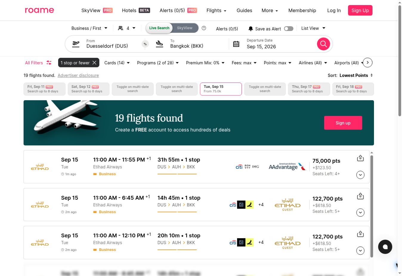 Roame Live Search DUS nach BKK für vier Reisende in Business mit maximal einem Umstieg und 4+ angezeigten Plätzen