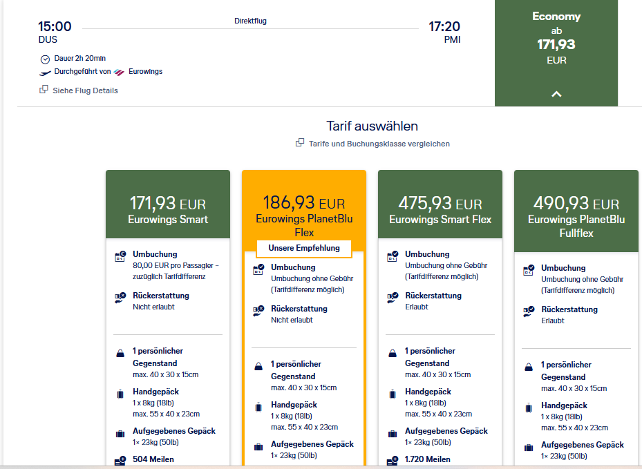 Original-Screenshot Cashpreis: DUS nach PMI für 171,93 Euro