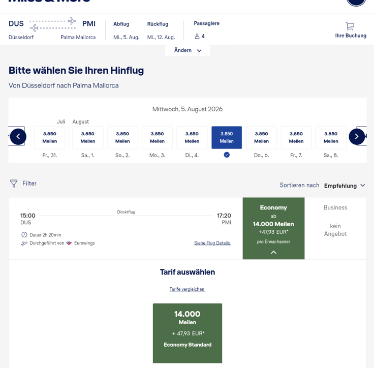 Original-Screenshot Miles and More: DUS nach PMI für 14.000 Meilen plus 47,93 Euro