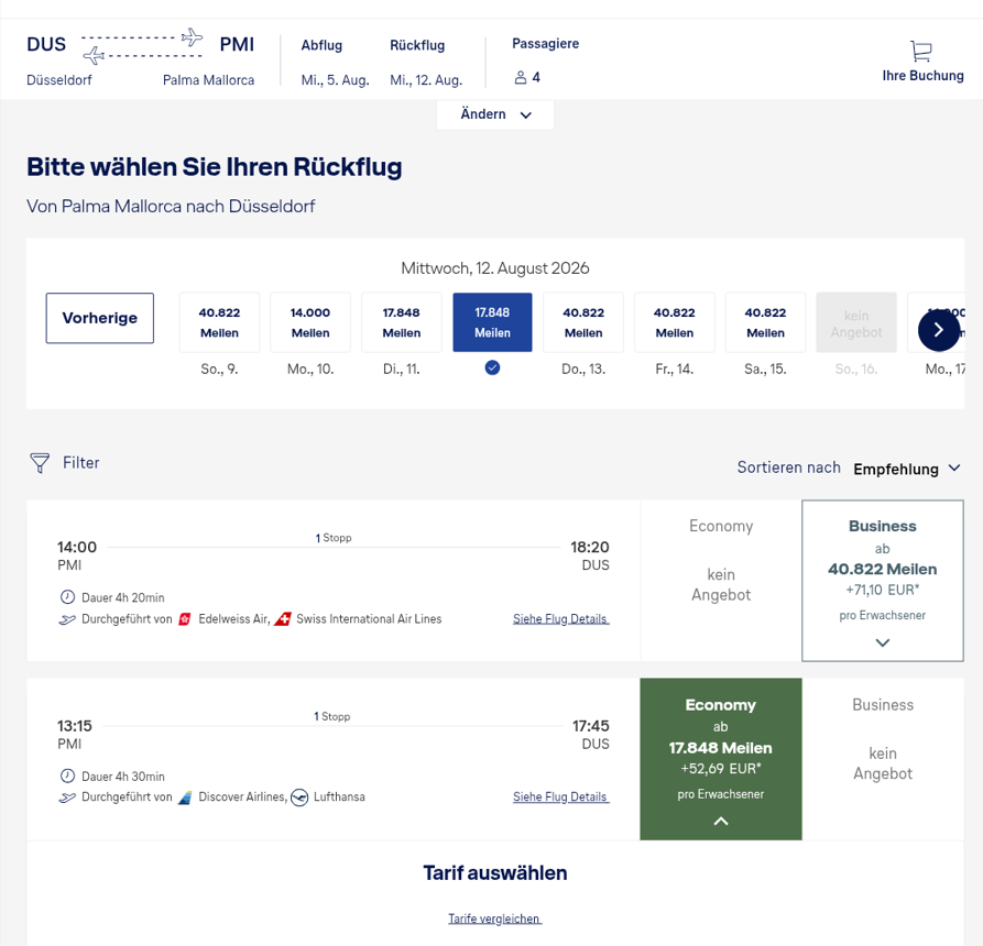 Original-Screenshot Miles and More: PMI nach DUS via FRA für 17.848 Meilen plus 52,69 Euro