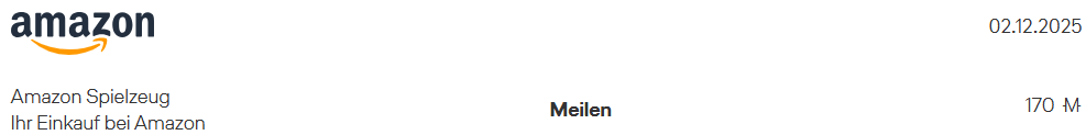 Miles-&-More-Kontoeintrag mit einer Amazon-Gutschrift über 304 Meilen